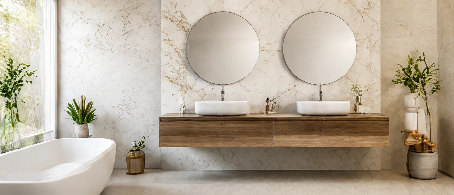 Elegant bathroom with two sinks and circle mirrors Elegant bathroom with two sinks and circle mirrors